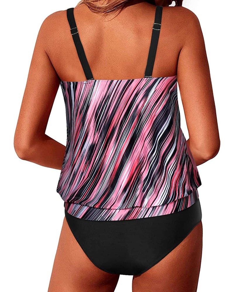 Yonique Two Piece Tankini Swimsuits for Women Blouson Bathing Suits Modest Swimwear Pink Striped L - Image 2